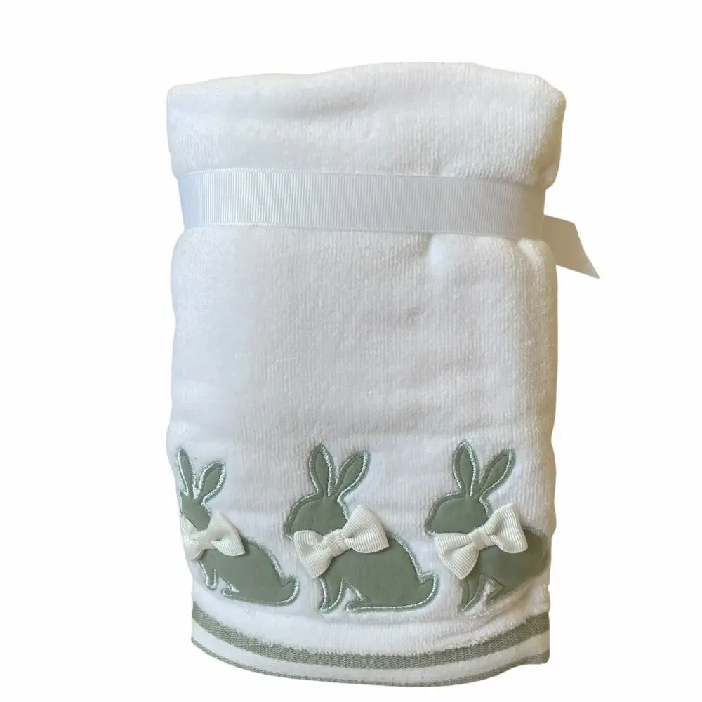 Caro Easter Bunny w/ Bow Hand Towels 2pc 16x28 Embroidered Green & White NEW